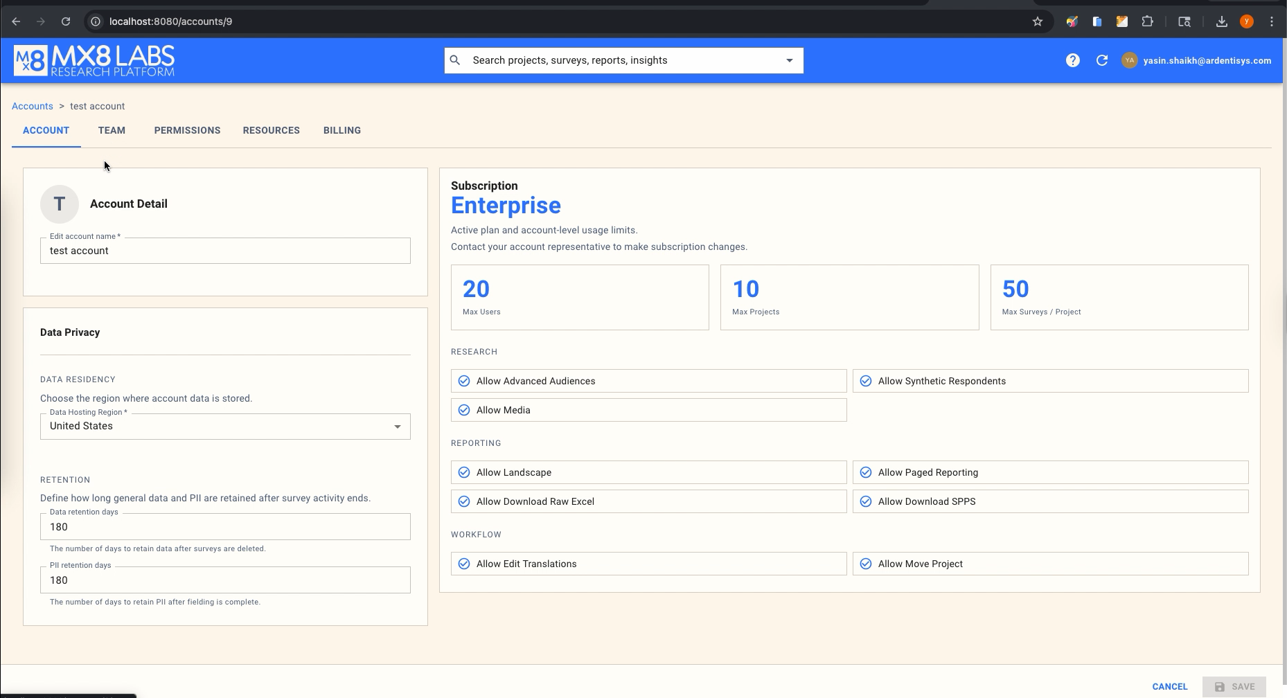 Account detail page showing subscription limits