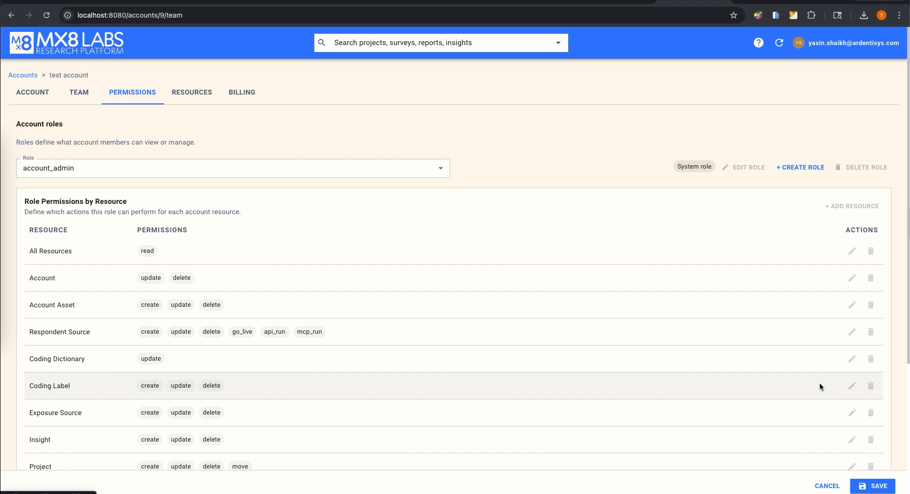 Account permissions tab showing role configuration