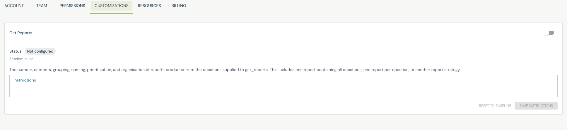 Account Customizations tab with Get Reports not configured, an Instructions field and an enable switch