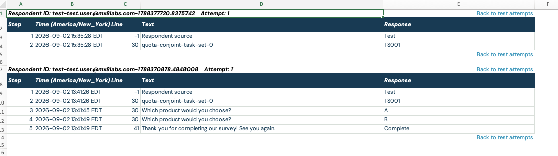 All Testing Report respondent drilldown with separate attempts, chronological answers and America/New_York timestamps