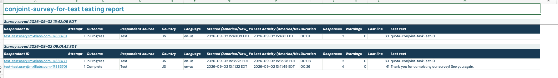 All Testing Report overview grouping respondent attempts beneath two survey-save timestamps