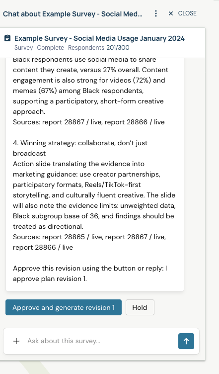 Survey Chat showing proposed presentation content, report sources, and an Approve and generate revision 1 control