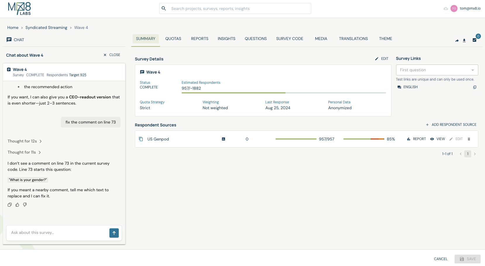The Chat panel open alongside a survey, scoped to the current survey