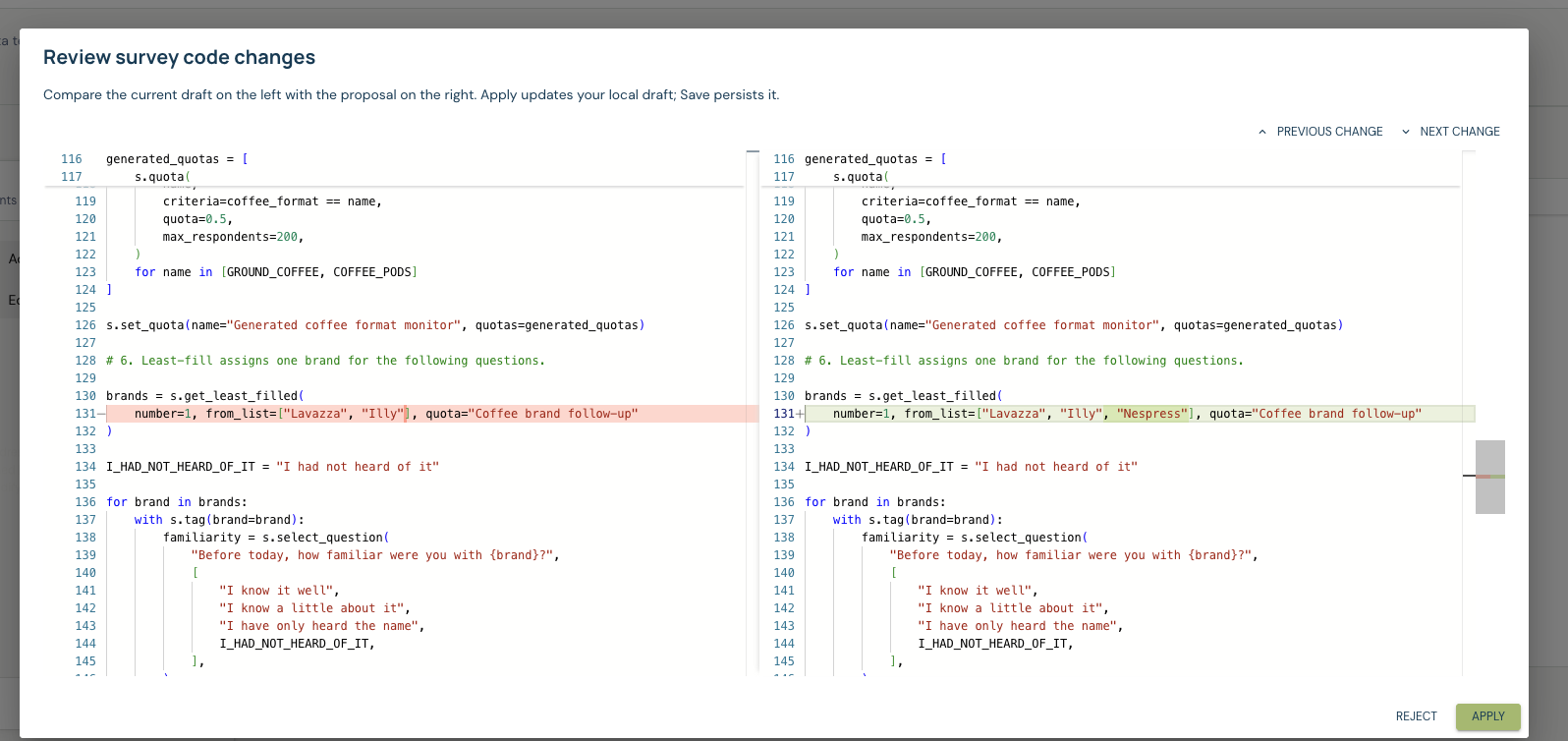 Chat survey-code comparison with the current draft on the left and proposed change on the right