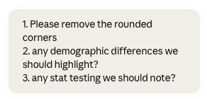 Claude follow-up message asking to remove rounded corners, whether to highlight demographic differences, and whether to include stat testing notes