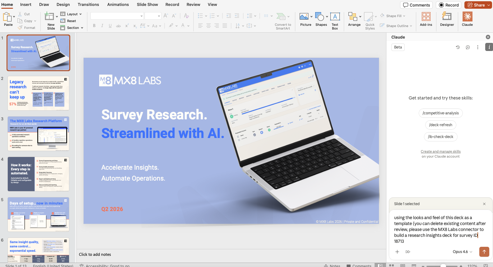 Claude running inside PowerPoint with an MX8 Labs template open and a prompt to build a research insights deck from a survey ID
