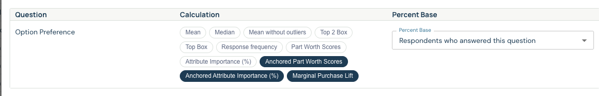 Conjoint Analysis calculations with Anchored Part Worth Scores, Anchored Attribute Importance and Marginal Purchase Lift selected
