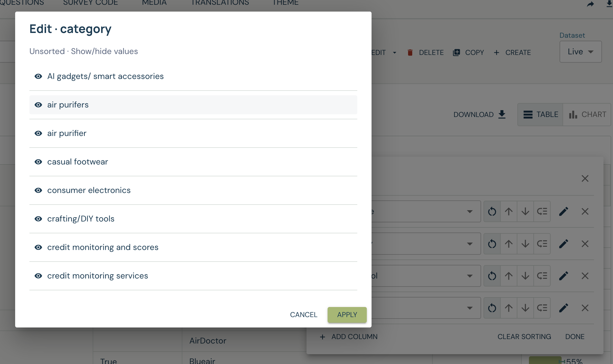 Column value editor showing category values and visibility controls