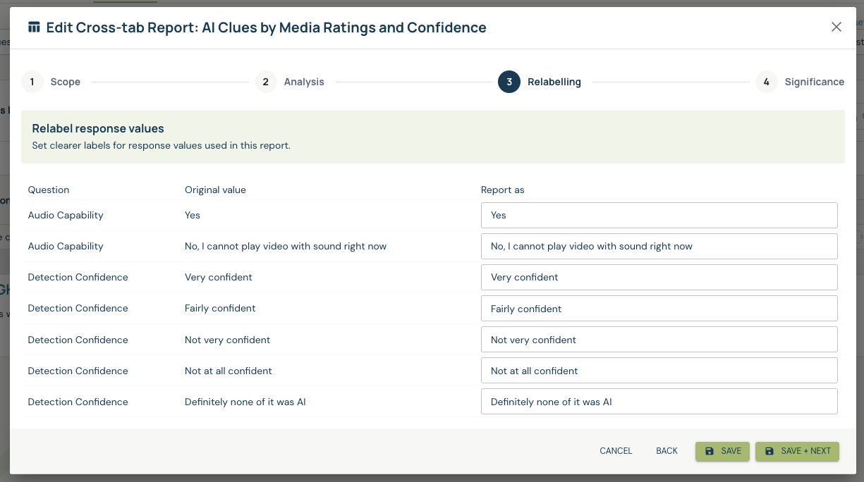 Cross-tab Relabelling with original response values and editable Report as labels