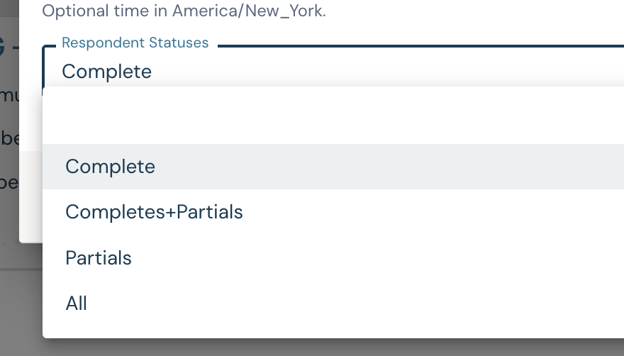 Respondent Statuses menu showing Complete, Completes+Partials, Partials and All