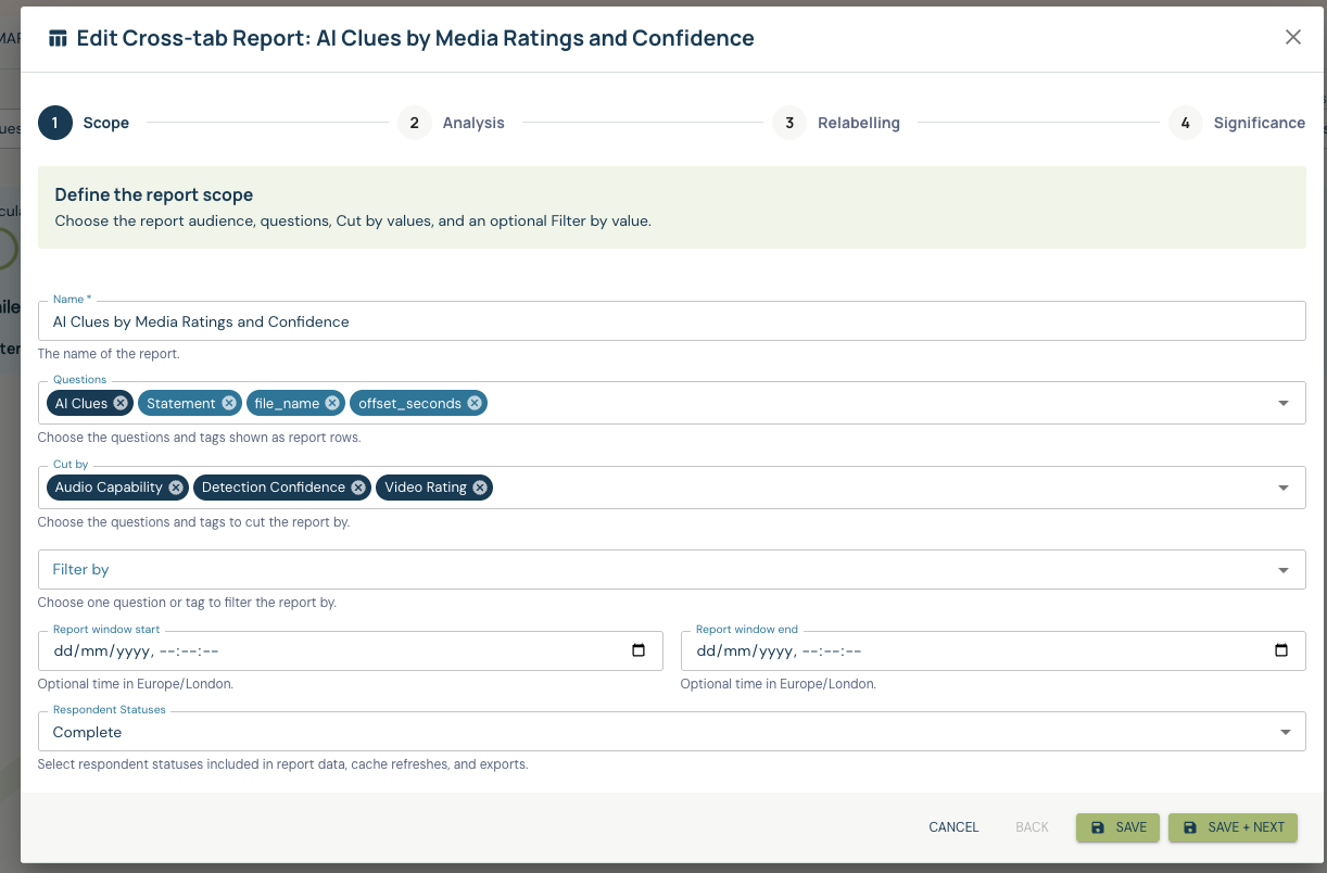 Cross-tab Scope with Questions, Cut by, Filter by, date window and respondent statuses