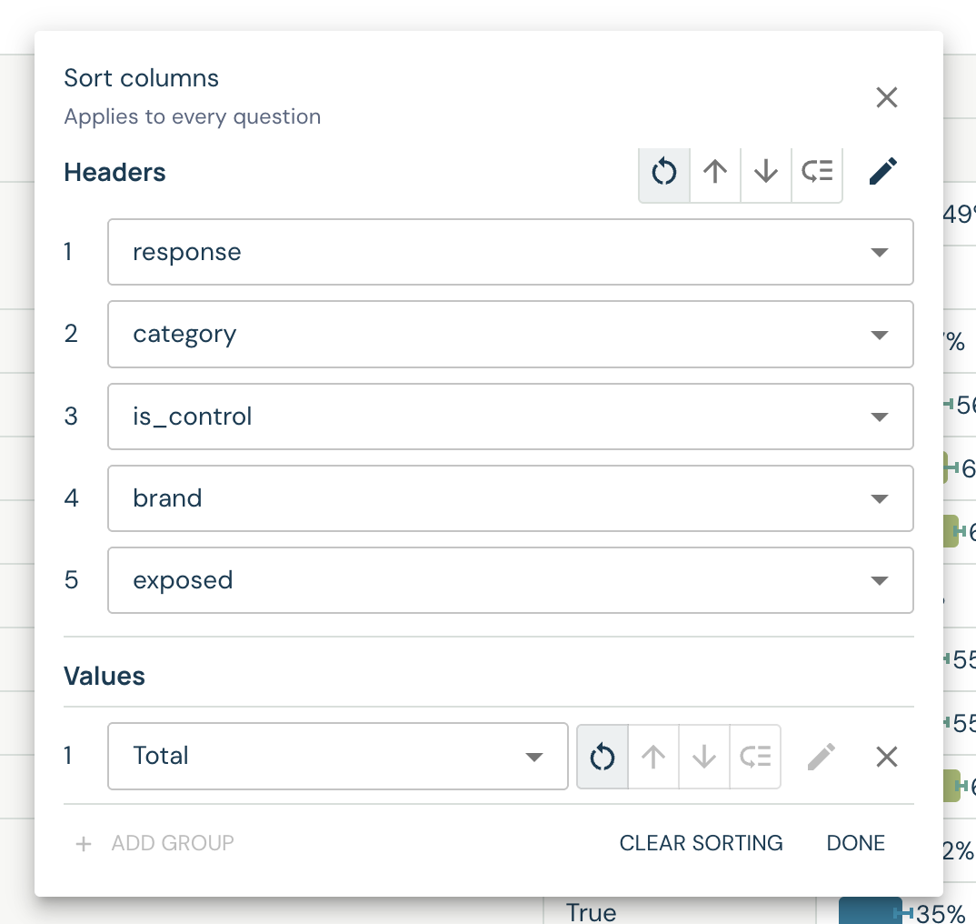 Sort columns editor with separate Headers and Values rules