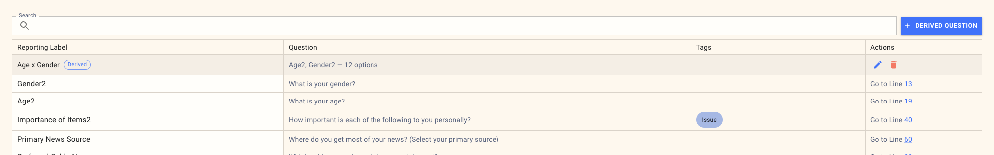Questions list showing the Derived Question button and a derived question entry