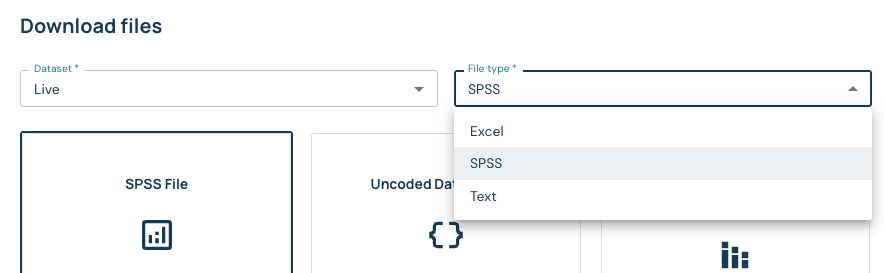 Download files dialog with Live selected as the dataset and the Excel, SPSS, and Text file-type choices