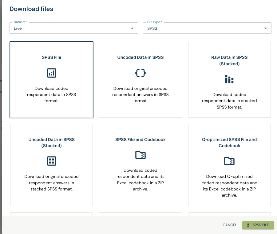 SPSS download cards including standard, uncoded, stacked, codebook, and Q-optimized choices
