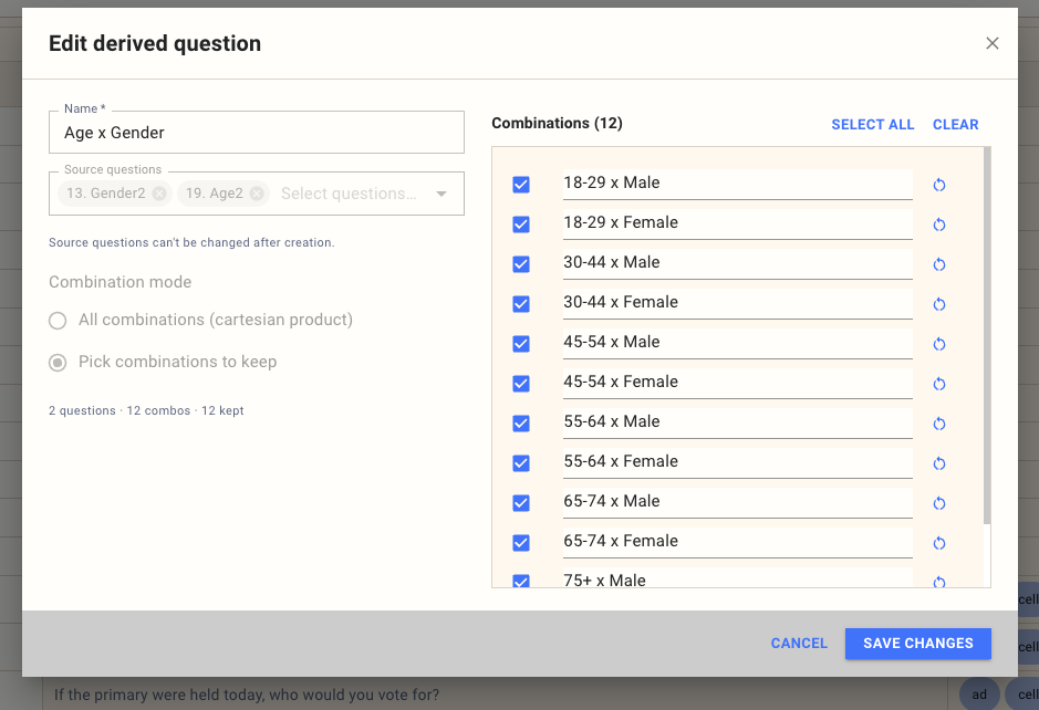Edit derived question dialog with source questions and combination picker