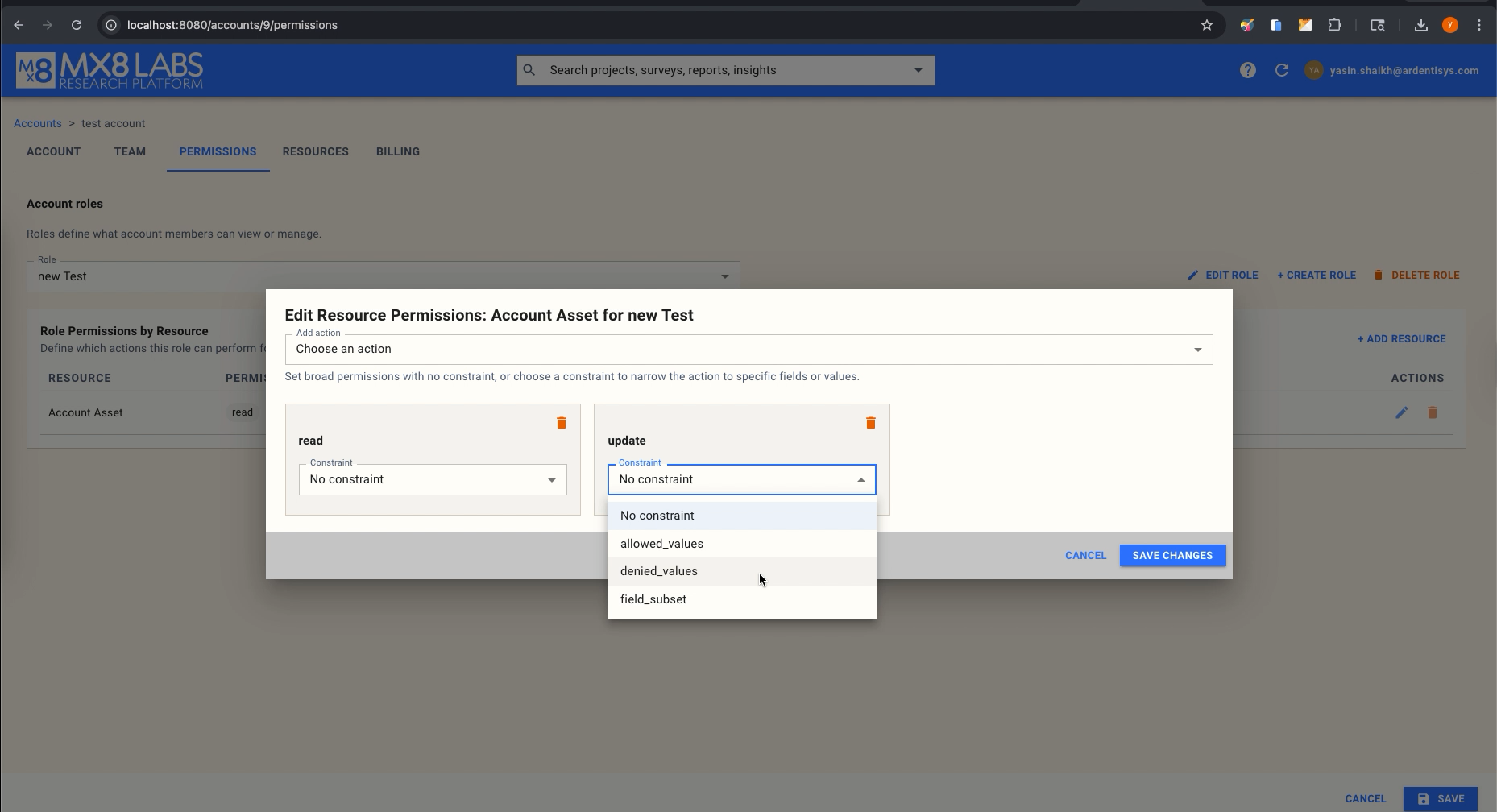 Edit permissions dialog showing actions and constraints