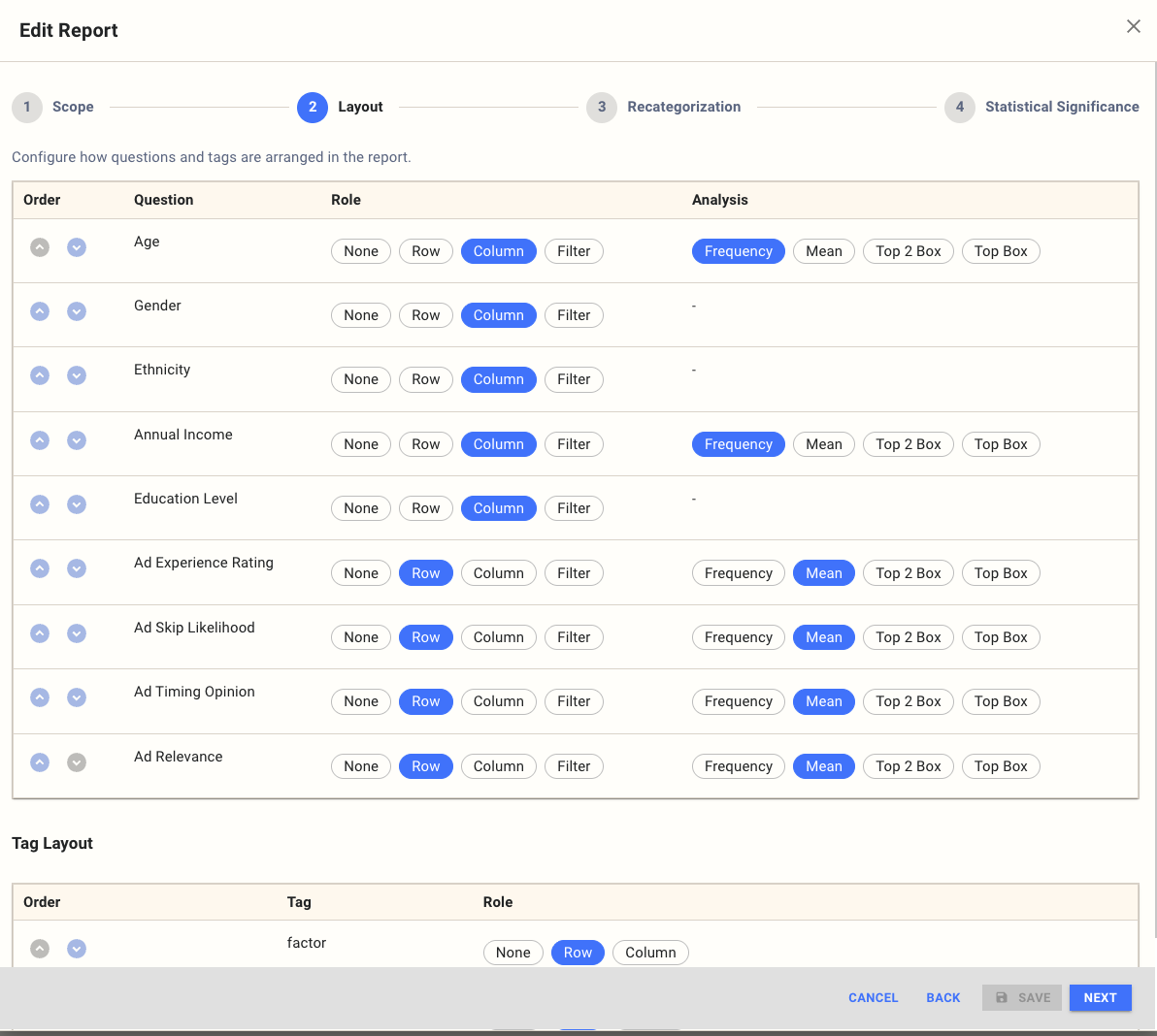 Report layout step with rows, columns, and filters controls