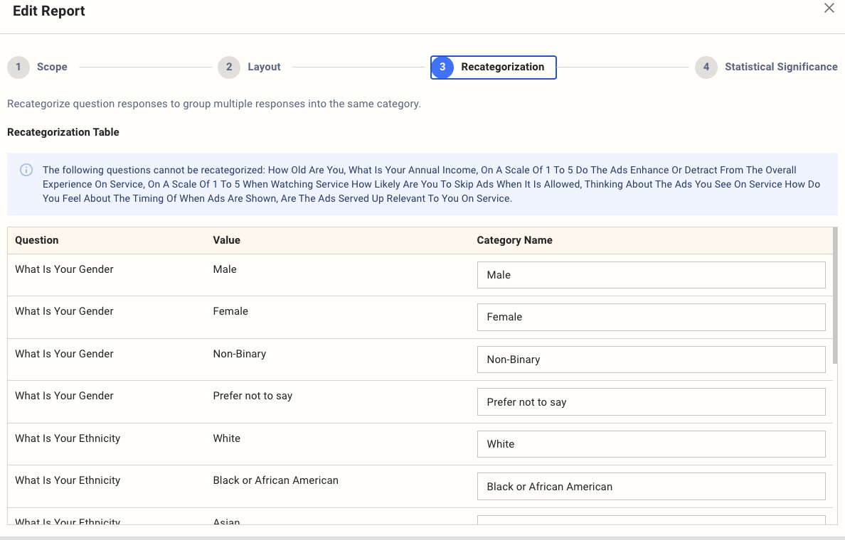 Report recategorization step for recoding response options