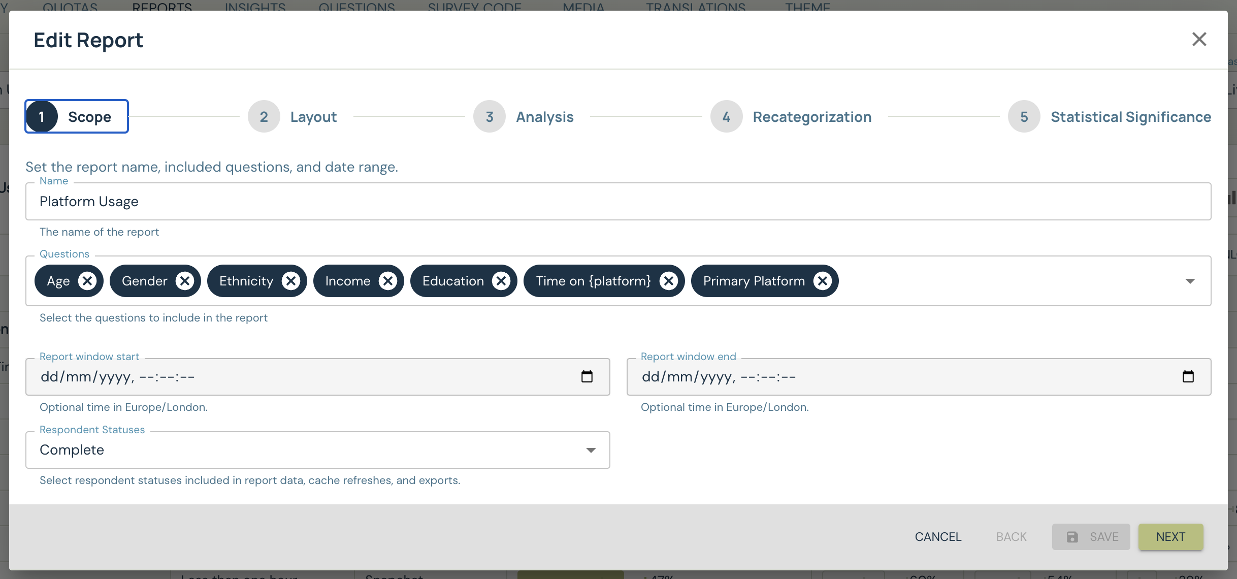 Report scope step with name, questions, report window, and respondent statuses