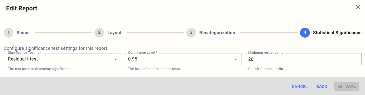 Stat testing settings in the report editor