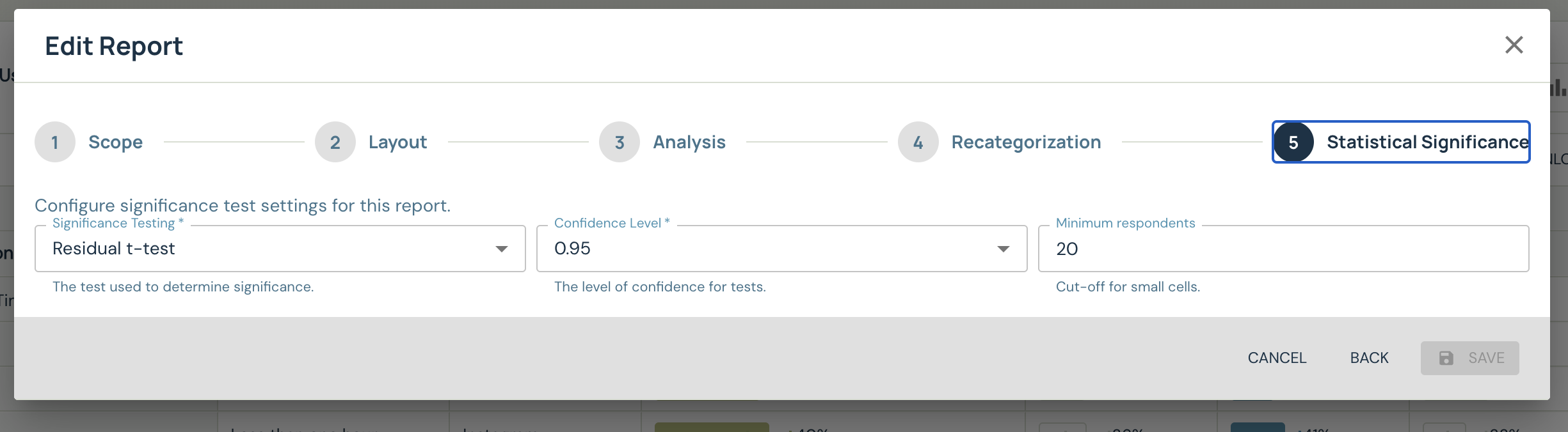 Statistical significance step with significance test, confidence level, and minimum respondents