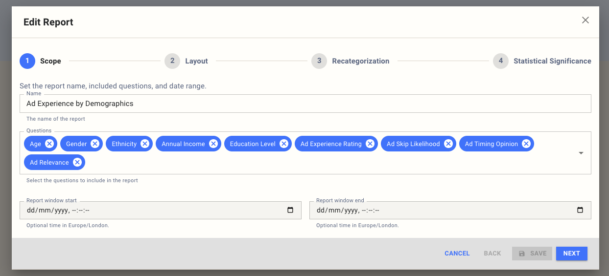 Edit report dialog showing report scope options