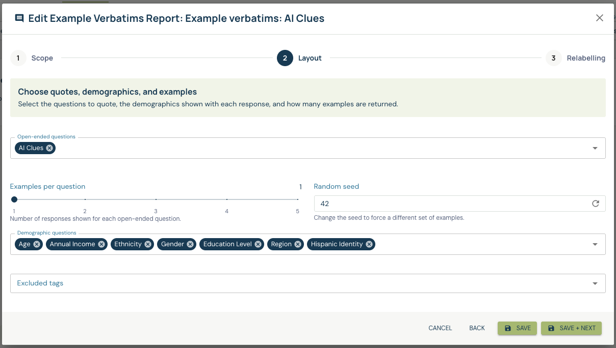 Example Verbatims Layout with selected open end, examples count, random seed, demographics and excluded tags