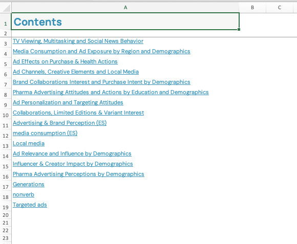 Contents sheet with links to report sections in an Excel workbook