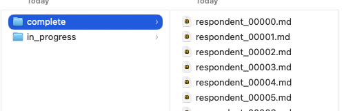 Zip contents showing complete and in_progress folders with numbered respondent Markdown files