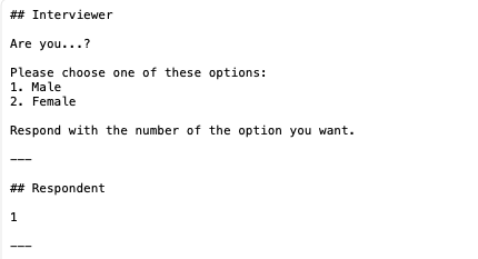 Example transcript showing an Interviewer question with numbered options and a Respondent answer