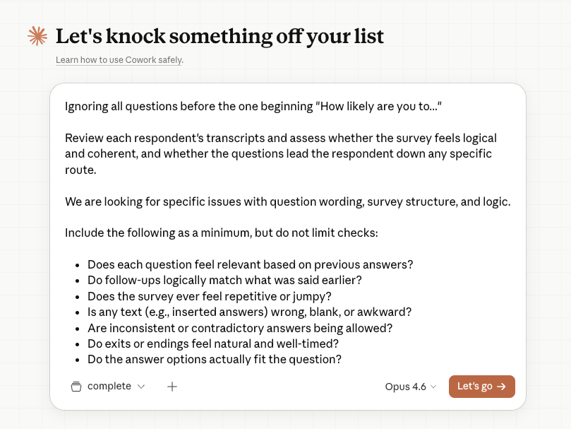 Claude Cowork analyzing transcripts — the prompt instructs it to review question wording, structure, and logic