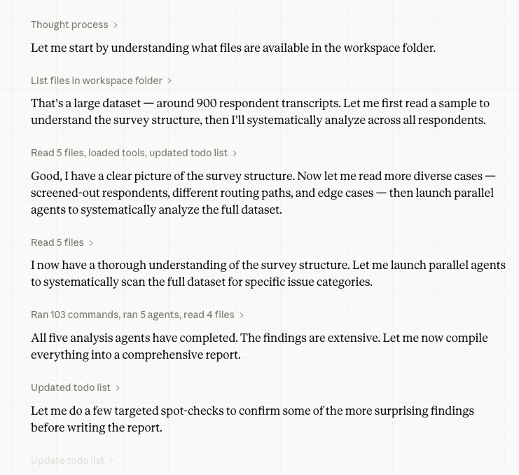 Claude Cowork processing respondent transcripts in parallel and compiling findings into a report