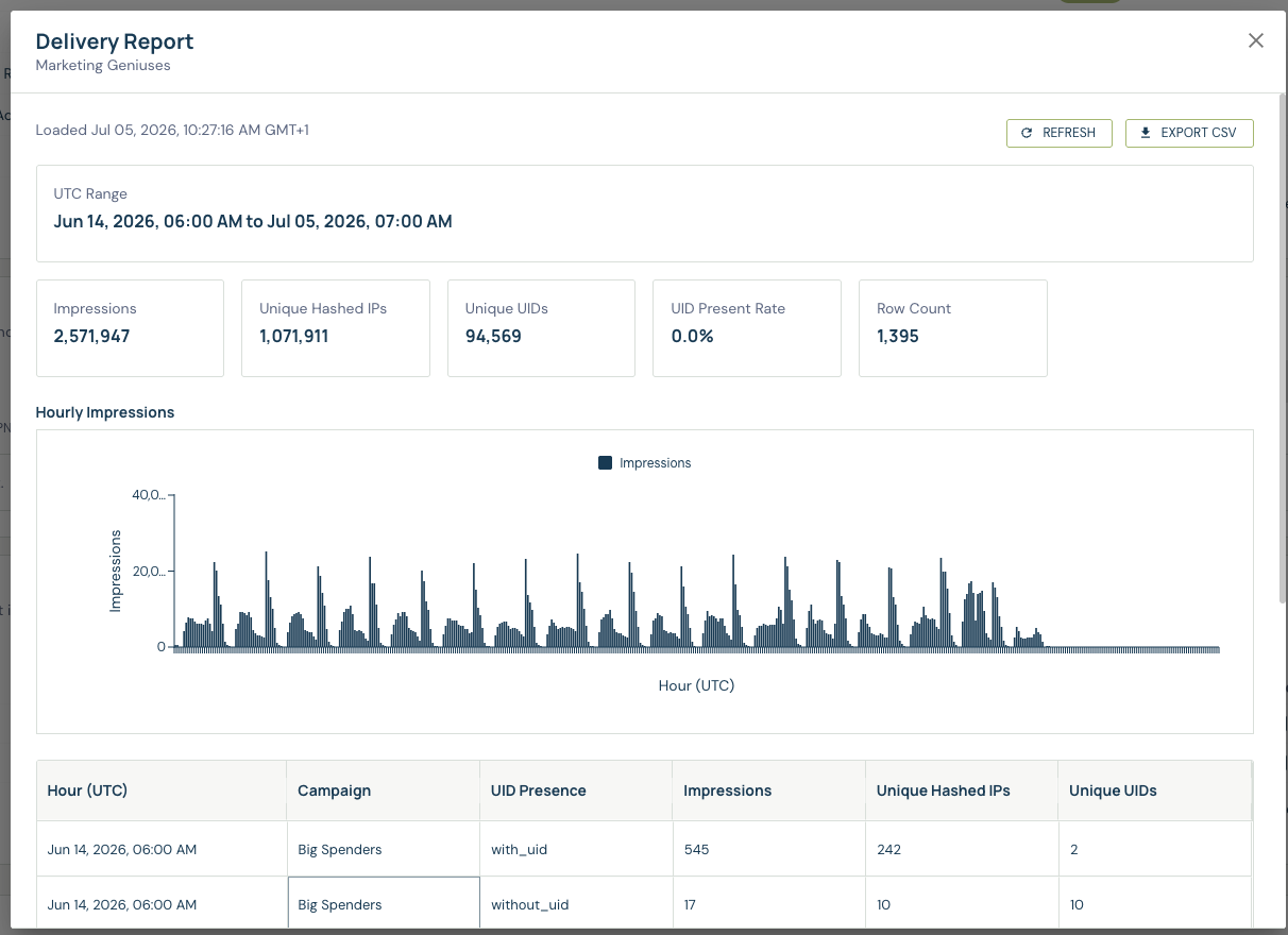 Delivery Report showing headline totals, the hourly impressions chart, and the per-hour breakdown