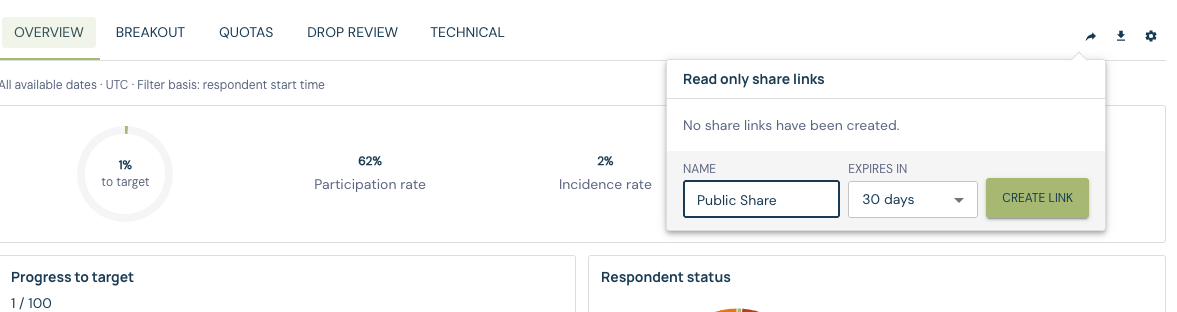 Read only share links panel with a name, 30-day expiry and Create link button