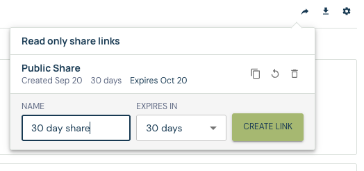 Named field-report share link with its expiry and copy, refresh and delete controls