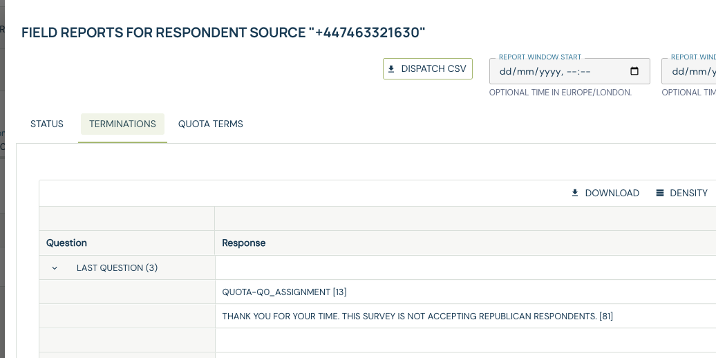 Field report for a phone respondent source with the Dispatch CSV button above the report tabs