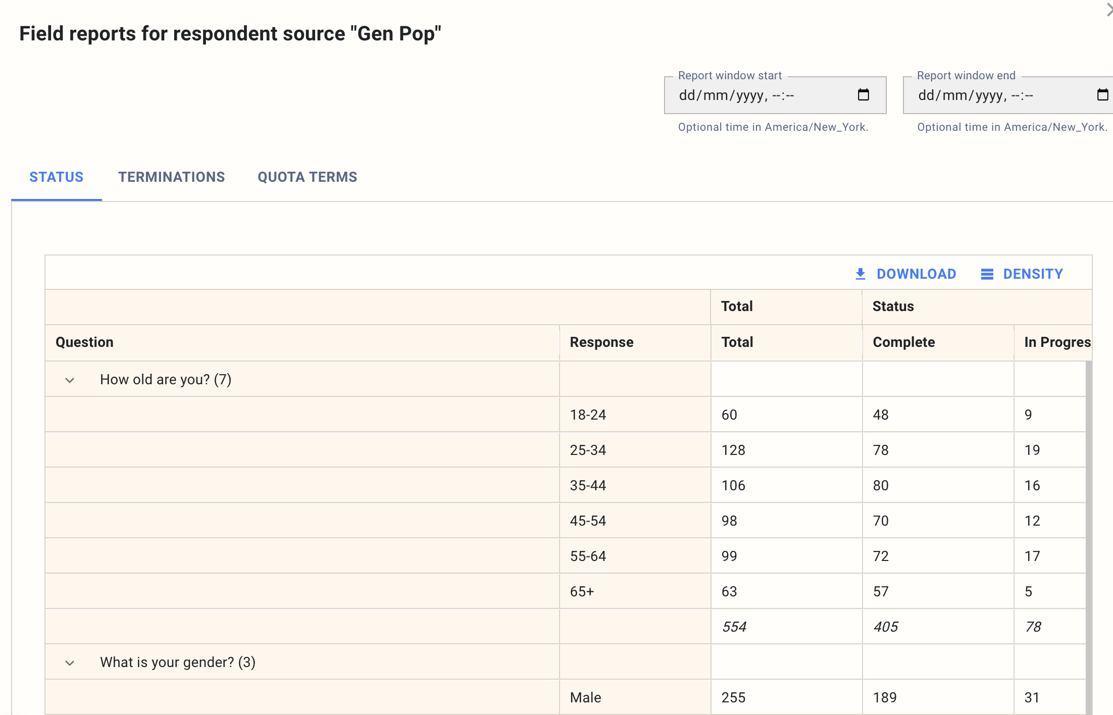 Status tab showing demographic breakdown with counts per status bucket