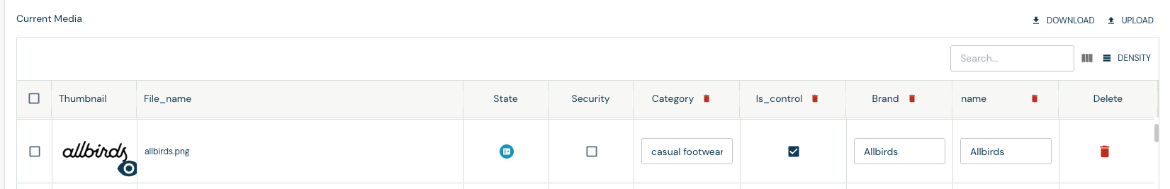Media table with Download and Upload buttons above the grid, showing the thumbnail, file name, state, security, and custom metadata columns
