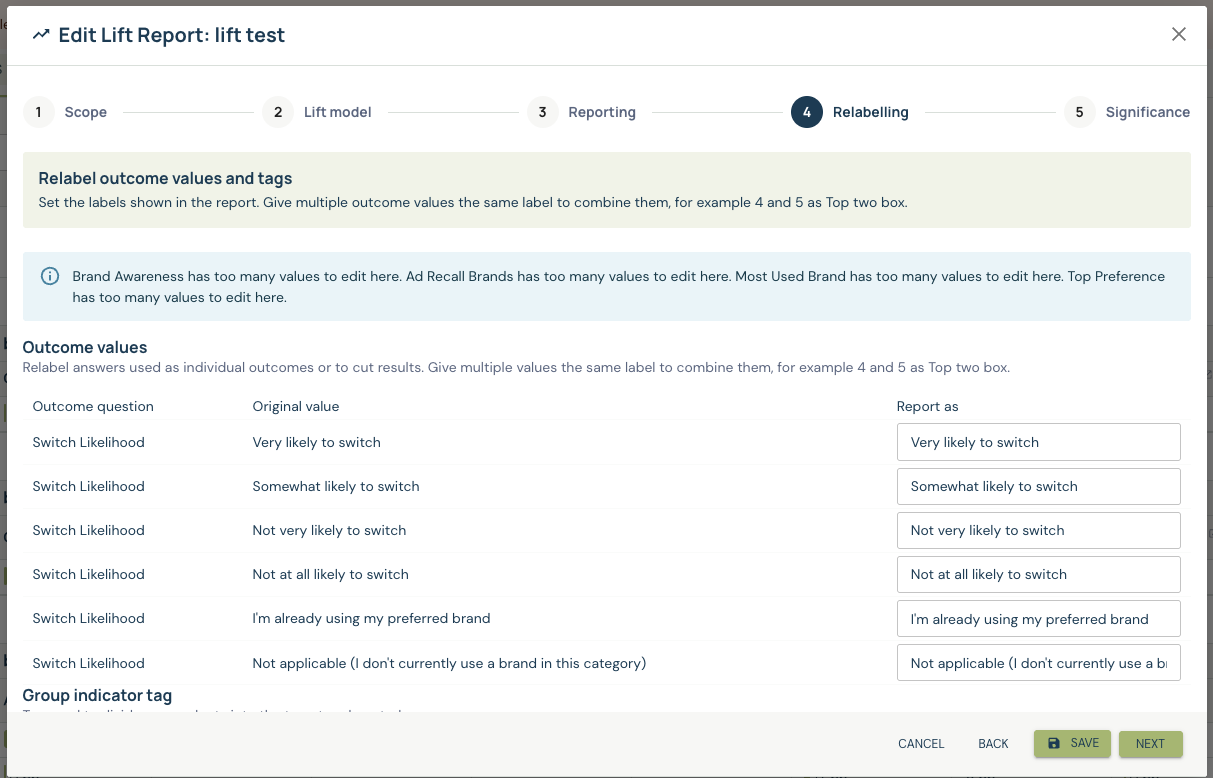 Lift Relabelling step showing original outcome values, editable Report as labels and notices for questions with too many values