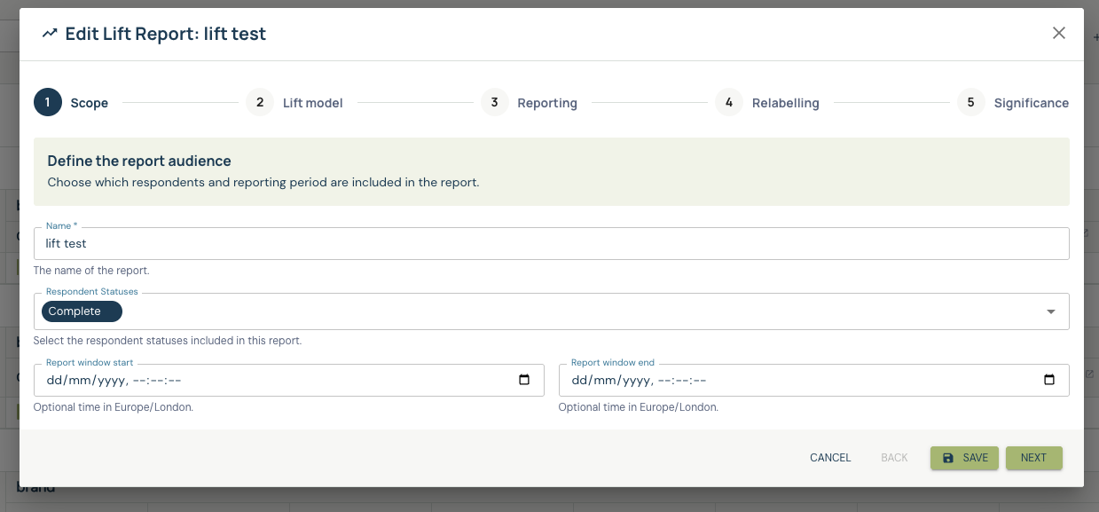 Lift report Scope step with the report name, respondent statuses and date window