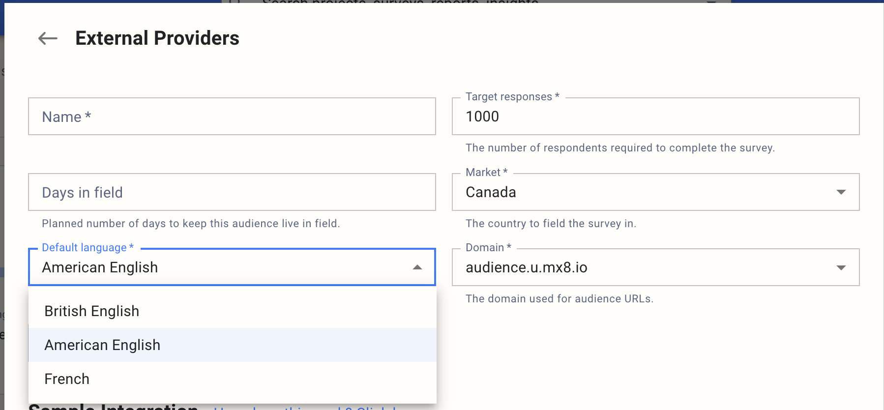 Respondent source form with a Default language dropdown showing British English, American English, and French