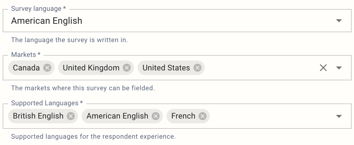 Survey setup showing Survey language, Markets, and Supported Languages fields
