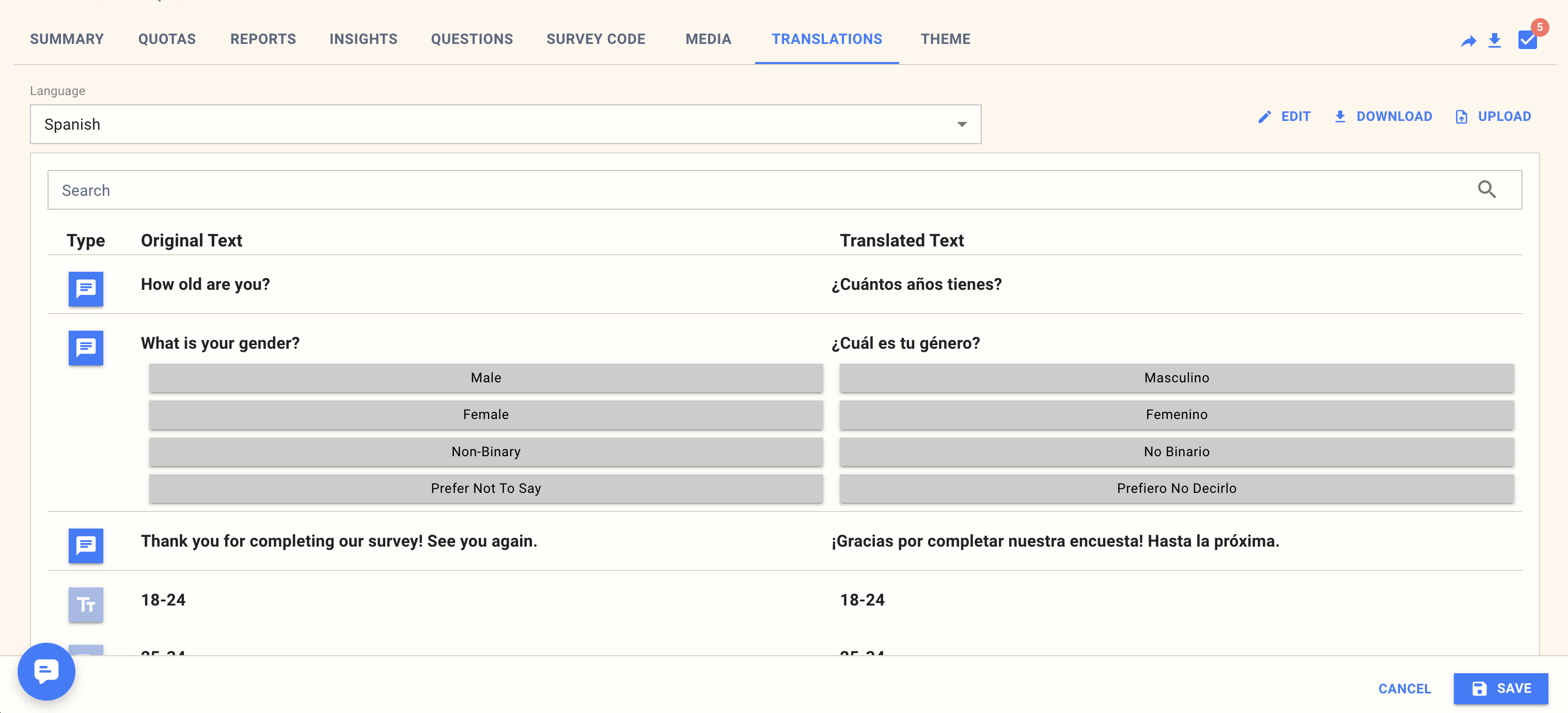 Translations tab showing the Spanish language selected, side-by-side English and Spanish text, and Edit / Download / Upload controls in the top right