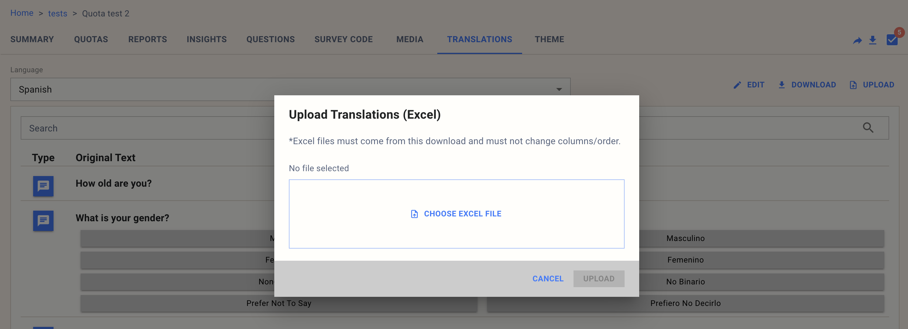 Upload Translations dialog with a Choose Excel File control, warning that the file must come from this download and must not change columns or order