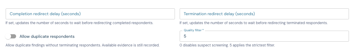 Respondent source settings with Allow duplicate respondents switched off and Quality filter set to 5