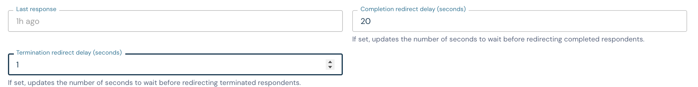 Respondent source controls showing completion and termination redirect delays in seconds