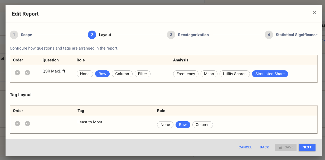 MaxDiff report Layout step with Simulated Share selected as the Analysis style