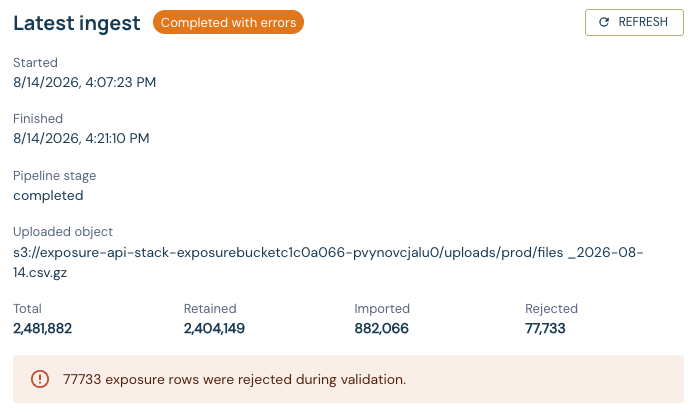 Latest S3 exposure ingest completed with errors, showing total, retained, imported, and rejected row counts