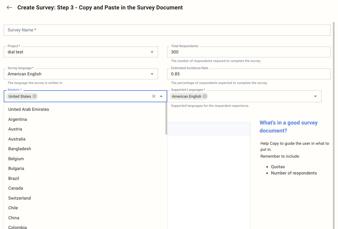 Survey setup screen with country and language selectors